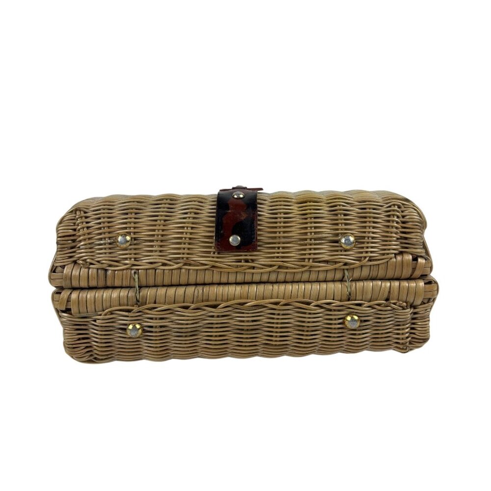Vintage 50s Wicker Bag Beige Brown Leather Trim Top Handle Handbag AS IS - Picture 7 of 10